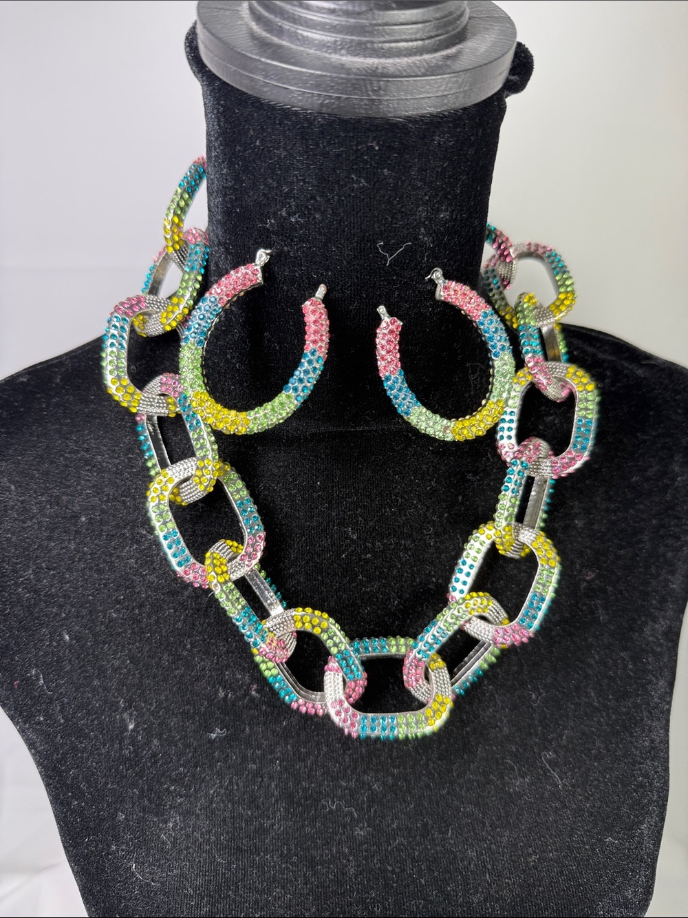 Sassy Jones Kerri Rainbow Crystal Chain Link Necklace and Earrings